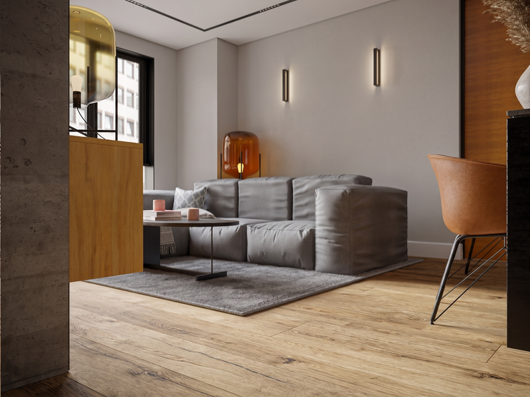 Modernes Wohnzimmer mit hellem Holzboden in Eichenoptik, einem Stoffsofa auf einem Teppich, minimalistischen Wandleuchten und verschiedenen Lampen.