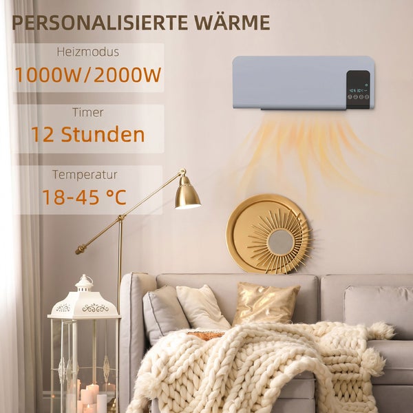 Wandklimagerät an einer Wand über einem modern eingerichteten Doppelbett in einem hellen Schlafzimmer mit Fenster.