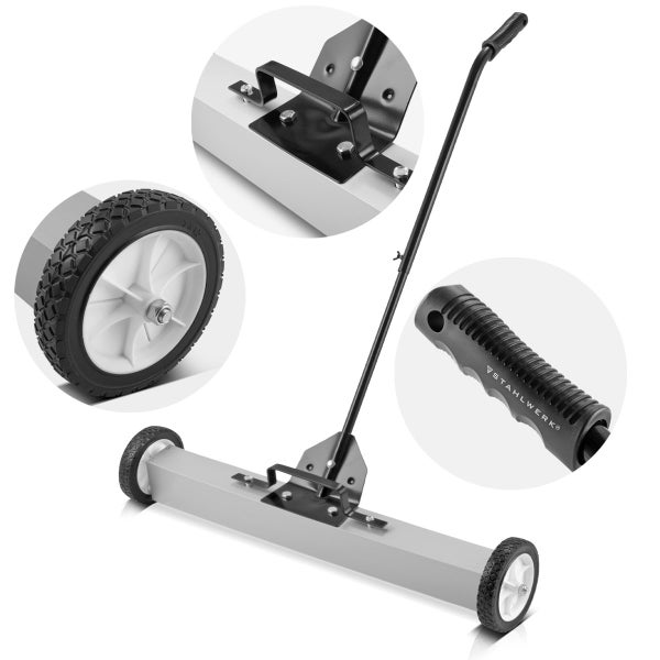 Stahlwerk Magnetbesen mit Rädern, langem Stiel und Detailansichten von Rad, Halterung und Griff mit Stahlwerk Logo.