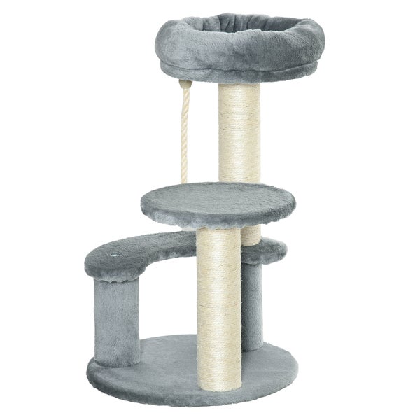 PawHut Katzenbaum Kletterbaum mit Hängematte, 3-Stufiger Spielbaum mit Katzenbett Katzenkratzbaum mit Sitzplattform, Sisalsäulen, Grau Ø40 x H65 cm