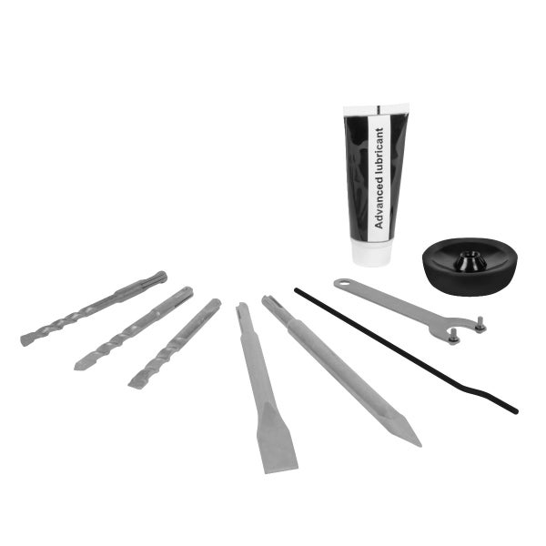 Zubehörset für Bohrhämmer mit drei SDS plus Bohrern, zwei Meißeln, Tube Schmierfett, Stirnlochschlüssel und Staubschutzkappe.
