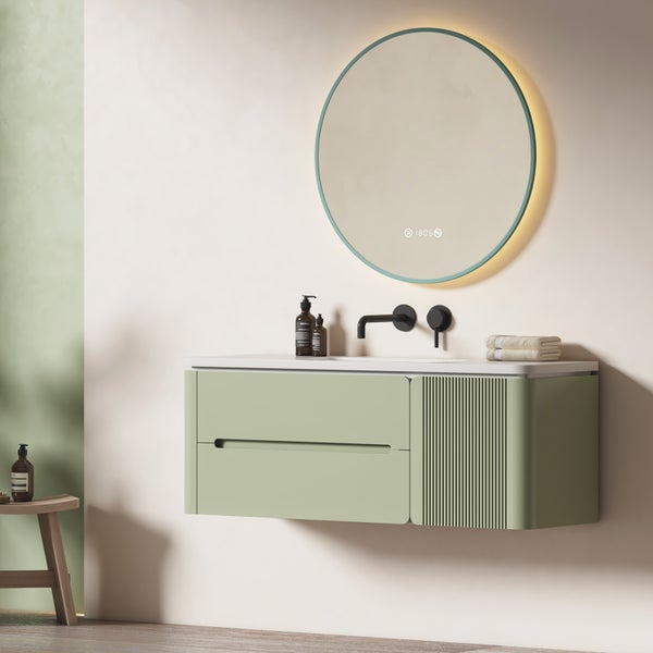 EMKE Badezimmerspiegel mit Beleuchtung Ø 60 cm, 4300K Neutralweiß, mit Touchschalter, LED-Uhr- und Temperaturanzeige,  Anti-Beschlag, elegantem grünem Rahmen, Wandspiegel für das Badezimmer