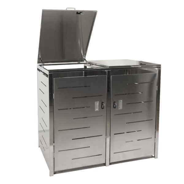 Doppel-Mülltonnenbox aus Metall mit zwei Türen, Schloss und geöffnetem Deckel