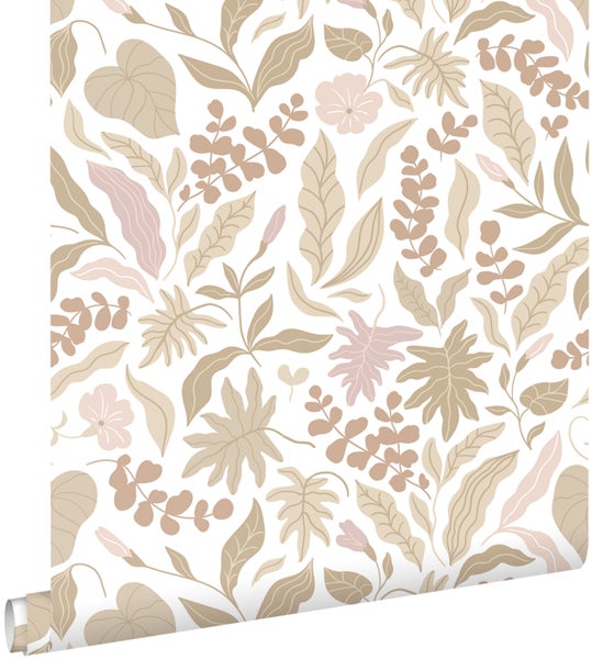 ESTAhome Tapete Blätter und Blumen Beige und Rosa - 50 x 900 cm - 131047