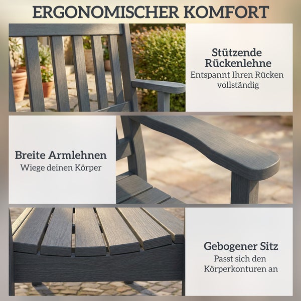 Detailansichten einer Gartenbank mit Fokus auf die ergonomische Rückenlehne, breite Armlehnen und den gebogenen Sitz für hohen Sitzkomfort.