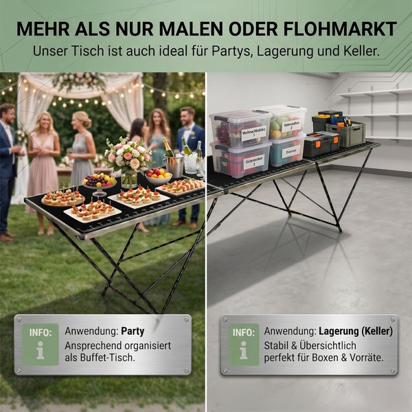 Ein vielseitiger Klapptisch, im Einsatz als Buffettisch bei einer Party und als Ablagetisch für Lagerboxen in einem Kellerraum.