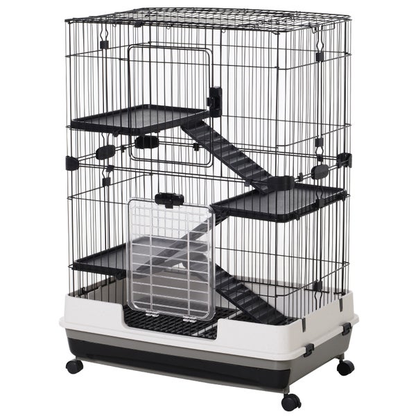 PawHut Kleintierkäfig mit 4 Räder, Käfig, 3 Öffnungen, 2 Plattformen, Metall Schwarz 81,2 x 52,7 x 110 cm