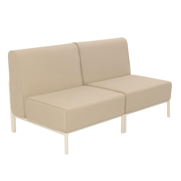 Modulares 2-Sitzer Gartensofa mit beigen Polstern und hellem Metallgestell ohne Armlehnen.