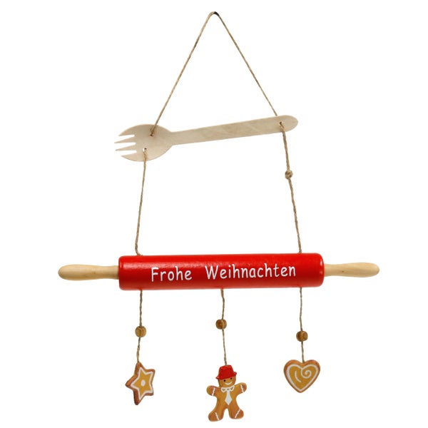 Dekorativer Weihnachtsschmuck mit Holzgabel, Nudelholz und Lebkuchenmotiven