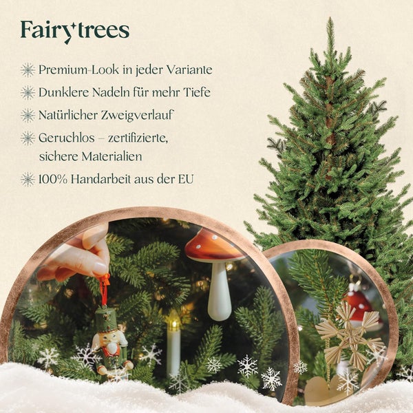 Fairy Trees Kunstweihnachtsbaum mit detaillierten Produktvorteilen und Einblicken in die Dekoration und Fertigung des Baumes.