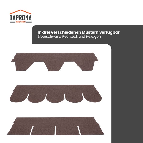Daprona Logo und drei verschiedene Muster für Dachschindeln: Biberschwanz, Rechteck und Hexagon.