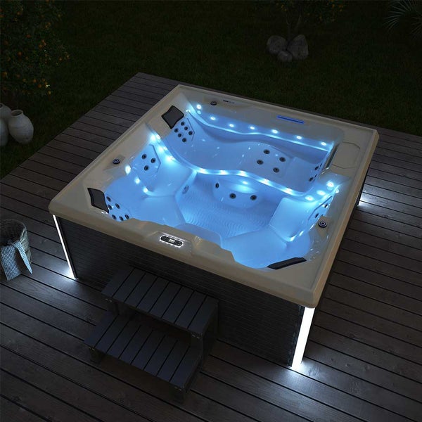 Home Deluxe - Outdoor Whirlpool - STREAM BIG PURE - Maße: 208 x 208 x 88 cm - Inkl. Heizung, 34 Massagedüsen und 4 äußeren Lichtquellen I Außen Whirlpool Spa für 5 Personen