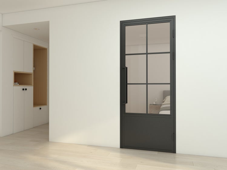 Loft Glastür 830x2115mm Klarglas DIN Rechts Komplettset 6 Felder Kickplatte mit Beschlag Griffstange und Zarge