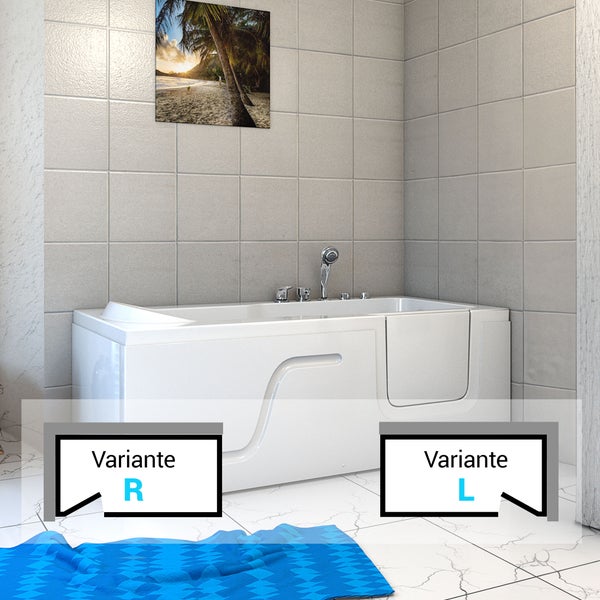 Badzimmer mit Badewanne mit Tür, Armatur und Wandbild