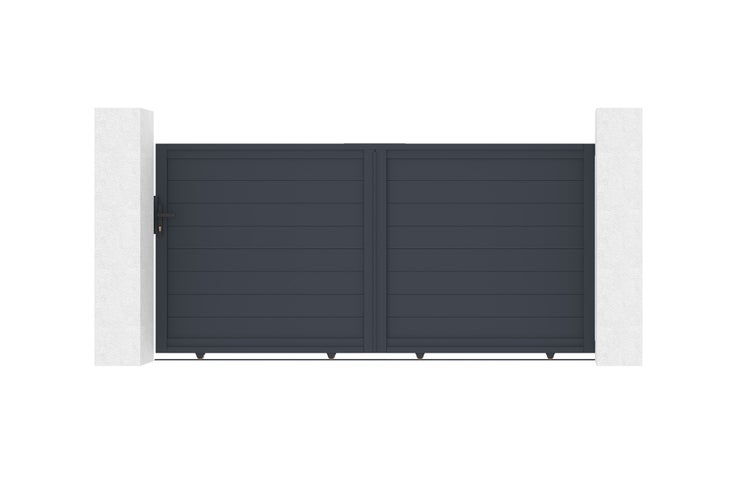 Modernes Doppelflügeltor in Anthrazit zwischen zwei Pfeilern, blickdichte Füllung mit waagerechten Lamellen.