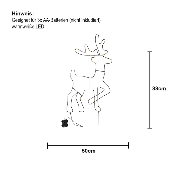 Abbildung eines leuchtenden Rentiers mit den Maßen 88 cm Höhe und 50 cm Breite. Benötigt 3 AA Batterien, welche nicht im Lieferumfang enthalten sind.