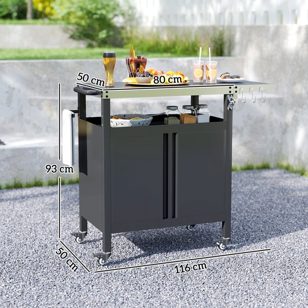 Outsunny Grillwagen 3-Etagen klappbar Servierwagen mit Arbeitsfläche Schrank Haken Räder, BBQ Grilltisch aus Edelstahl, Outdoor Rollwagen, Holzkohlegrill für Garten, Grill, 116x50x93cm Schwarz