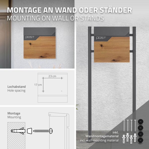 Briefkasten in Holzoptik und Grau, Montage an Wand oder Ständer möglich, Lochabstand 23 mal 17 Zentimeter, inklusive Montagematerial.