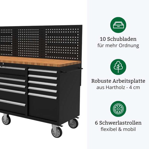 Werkbank mit zehn Schubladen, Holzplatte und Lochwand