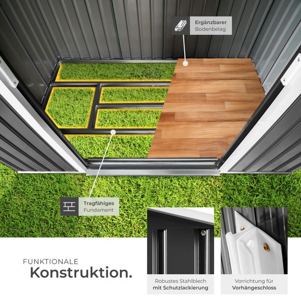 Funktionsdetails eines Metall-Gartenhauses mit Fundamentrahmen, ergänzbarem Bodenbelag, robustem Stahlblech und Vorrichtung für ein Vorhängeschloss.