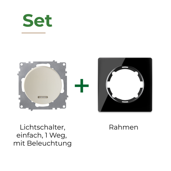Set bestehend aus einem beleuchteten Einzelschalter und einem Rahmen für die Unterputzmontage