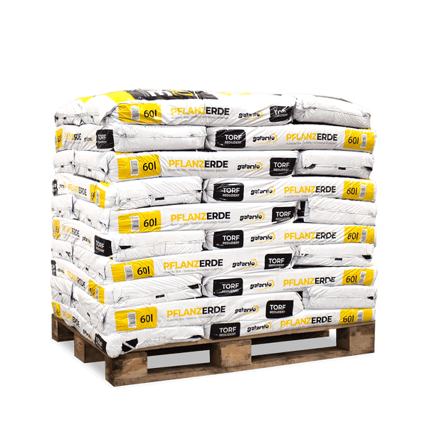 Galamio Pflanzerde auf Palette gestapelt, torfreduziert, 60 Liter pro Sack
