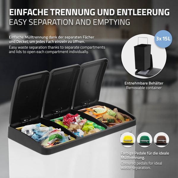 ML-Design Mülleimer Küche 3x 15L (45L), Weiß, Mülltrennsystem 3 Fächer, Treteimer zur Mülltrennung, Abfalleimer aus Stahl mit Inneneimer aus Kunststoff & Klappdeckel, farblicher Kennzeichnung
