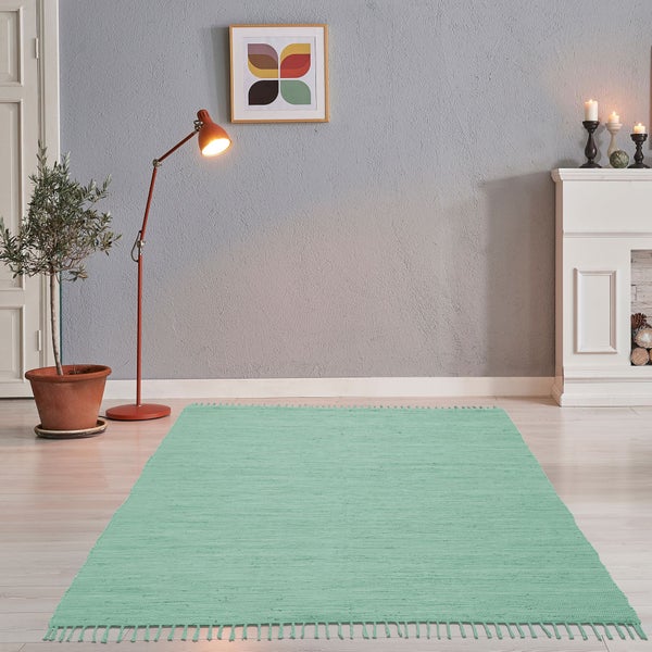 Handgewebter Fleckerlteppich aus Baumwolle Chindi Minz 60x120 cm