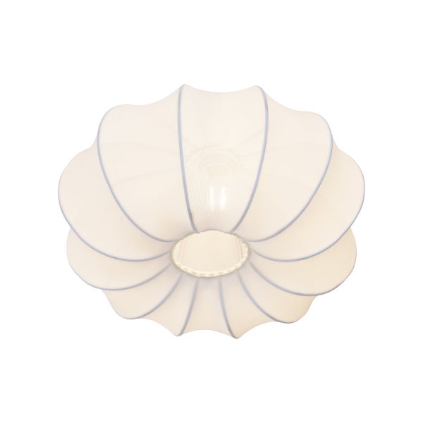 Innenansicht eines Lampenbaldachins mit Metall-Montagebügel, Elektroanschluss und Stoffschirm.