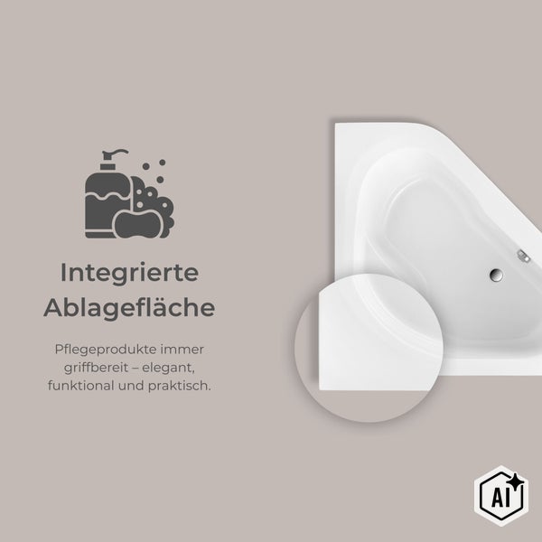 Eckbadewanne mit integrierter Ablagefläche für Pflegeprodukte in der Draufsicht mit einer Detailvergrößerung der Ablagefläche.