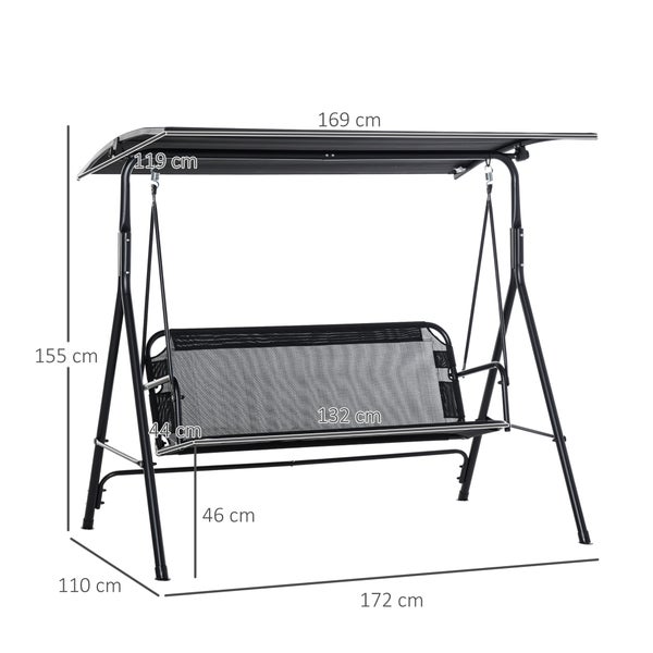 Outsunny Hollywoodschaukel, 2-Sitzer Outdoor Gartenschaukel, winkeleinstellbar, UV-beständig, Metallrohr, Schwarz