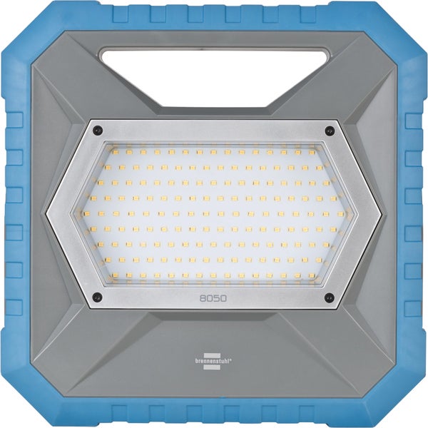 Blauer und grauer Brennenstuhl LED Baustrahler 8050 mit Tragegriff und hexagonalem Lichtfeld.