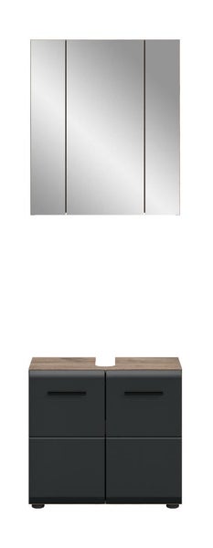 Badezimmermöbel-Set mit dreitürigem Spiegelschrank und anthrazitfarbenem Waschtischunterschrank mit Deckplatte in Holzoptik.