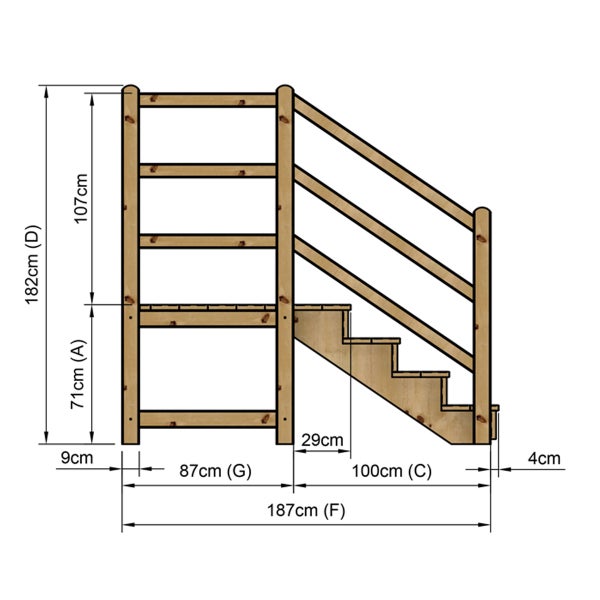 Technische Zeichnung einer Holztreppe mit Maßangaben