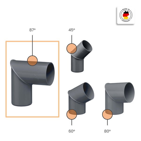 Grauer HT-Bogen aus Kunststoff mit den Winkeln 87 Grad, 45 Grad, 60 Grad und 80 Grad. Hergestellt in Deutschland.