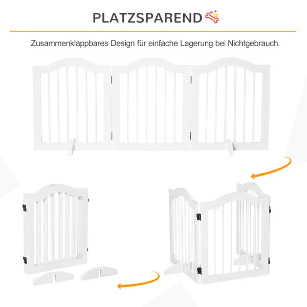 PawHut Absperrgitter Hund 3-teilig, 154,5 x 61 cm Faltbar Hundegitter mit Tür, Türschutzgitter mit 2 Stützfüßen, Freistehend Treppengitter für Küche, Flur, Weiß