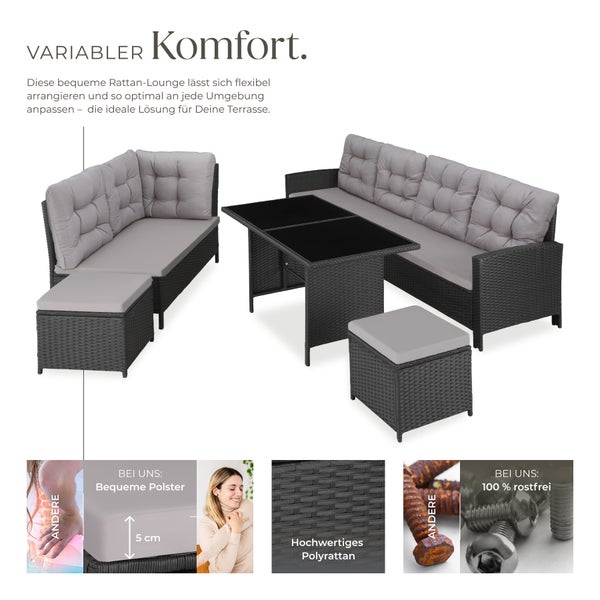 Rattan Lounge tectake Barletta mit Sicherheitsglasplatten für 6 bis 8 Personen schwarz