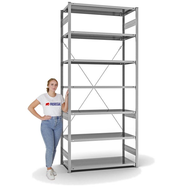 PROREGAL Fachbodenregal Stecksystem T-Profil Light-Duty Grundregal HxBxT 300 x 130 x 60 cm 7 Ebenen Fachlast 190 kg Einseitig Nutzbar Verzinkt