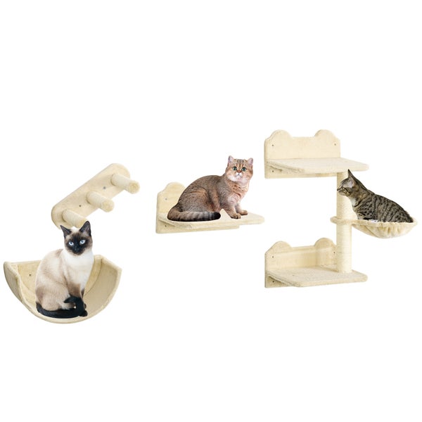 PawHut Katzen Kletterwand 4 tlg. Klettern Katzenkratzbaum mit Kaztentreppe, Hängematte, Sprungplatt, Wandkratzbaum, Wand Katzenmöbel für Katzen bis 5 kg, Polyester, Beige