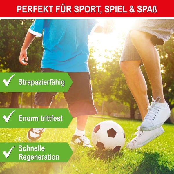 ONBEST Der Familienrasen RSM 2.3 Rasensamen auf grünem Rasen in einem hellen Garten mit einer Tafel mit Aufschrift Pause und Person auf Sonnenliege.