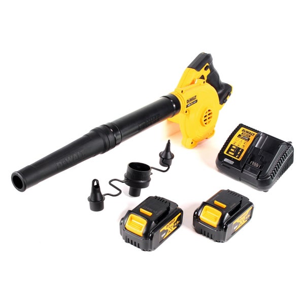 DeWALT Akku-Gebläse Set mit zwei Akkus, Ladegerät und verschiedenen Düsenaufsätzen.