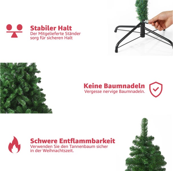 Produktmerkmale eines künstlichen Weihnachtsbaums: sicherer Stand, keine fallenden Nadeln, schwer entflammbar