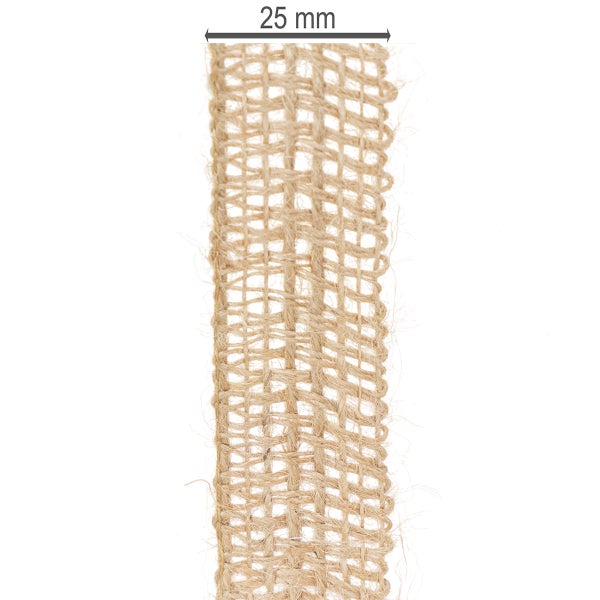 Juteband mit einer Breite von 25 Millimetern, grobe gewebte Textur.