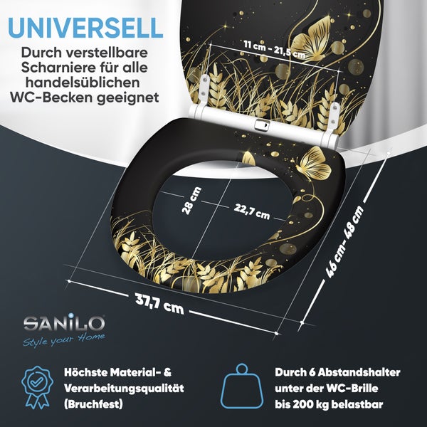 Sanilo WC Sitz mit Schmetterlingsmotiv und verstellbaren Scharnieren, bruchfest bis 200 Kilogramm belastbar, inklusive Maßangaben.