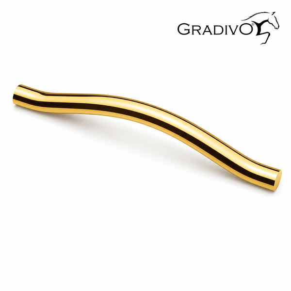 Geschwungener, goldfarbener Möbelgriff aus poliertem Metall, Gradivo Logo.