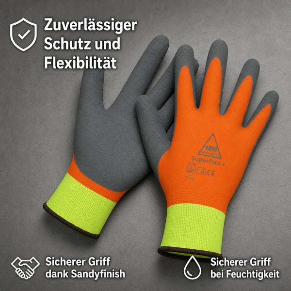Hase SuperFlex Plus Arbeitshandschuhe mit rutschfester Beschichtung und elastischem Bund für Schutz und Griffsicherheit bei der Arbeit.