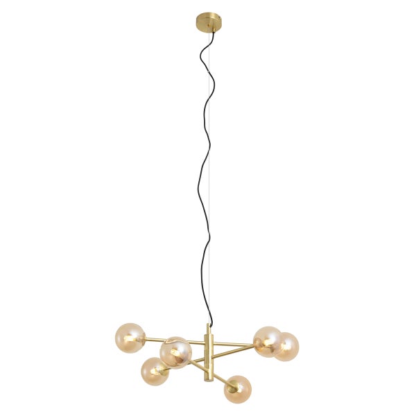 Moderne Pendelleuchte mit sechs Leuchtkugeln und Aufhängung in Metalloptik für eine elegante Raumbeleuchtung.