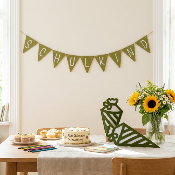 Festlich gedeckter Tisch mit Torte, Cupcakes, Sonnenblumen, Schultüten und einer Wimpelkette mit der Aufschrift Schulkind zur Einschulung.