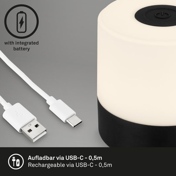 Wiederaufladbare Leuchte mit integriertem Akku und 0,5 Meter USB-C Ladekabel.