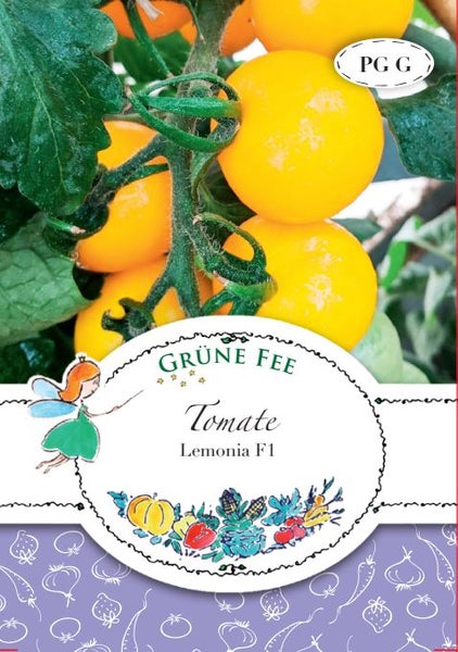 Grüne Fee Logo, Tomate Lemonia F1, gelbe Kirschtomaten an der Rispe, Preisgruppe G.